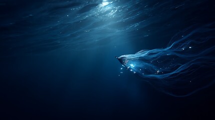 Naklejka premium Underwater Whale Swimming in Dark Ocean.