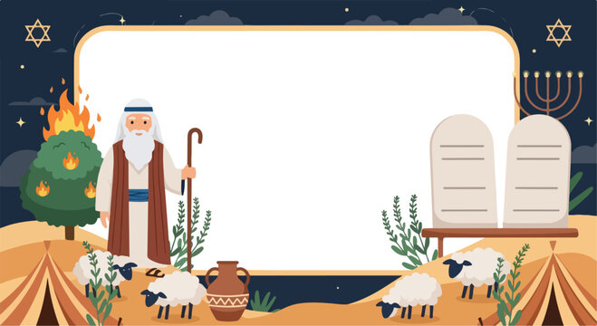 Moses, the burning bush, and tablets of law religious frame.