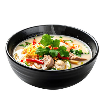 Refreshing canh chua ca, a vietnamese sweet and sour fish soup with colorful ingredients, artistically presented in a dark bowl for a compelling image