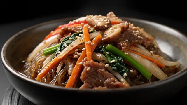 Authentic Korean Japchae (Glass Noodles) Stir-Fry with Beef, Mushrooms, Carrots, and Spinach in a Traditional Dark Bowl.