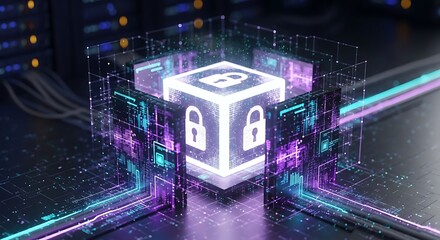 Fototapeta premium A padlock secures a microchip amidst a collection of circuit boards and glass blocks