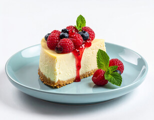 A creamy slice of New York cheesecake topped with fresh raspberries, blueberries, and sweet berry sauce. Perfect for dessert lovers seeking a rich and indulgent treat.