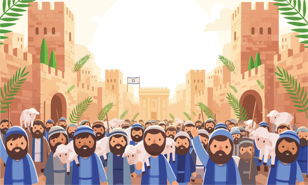 Jewish pilgrims bringing lambs for sacrifice to the jerusalem temple.