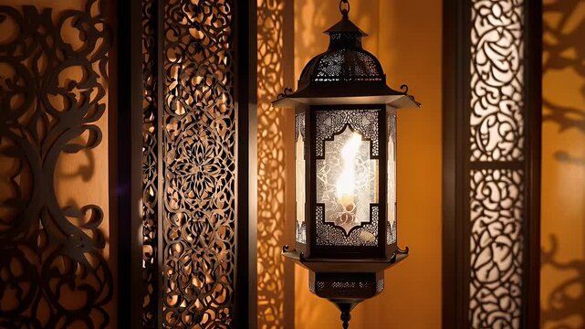 lantern ornate metal hanging arabesque lattice warm amber glow