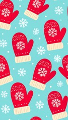 Seamless pattern of red mittens and white snowflakes on a light blue background