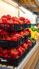 Stacked black crates holding bright red bell peppers in a grocery produce section
