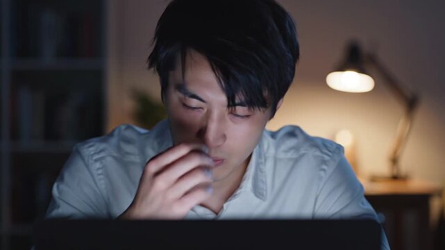 Tired man rubbing his eyes while working late on a laptop in a dimly lit room, experiencing digital eye strain and fatigue