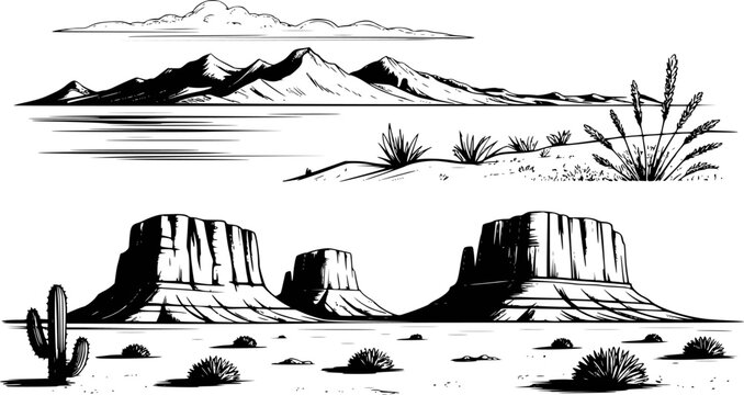Black and white line desert landscape with mesas cacti and distant mountains butte