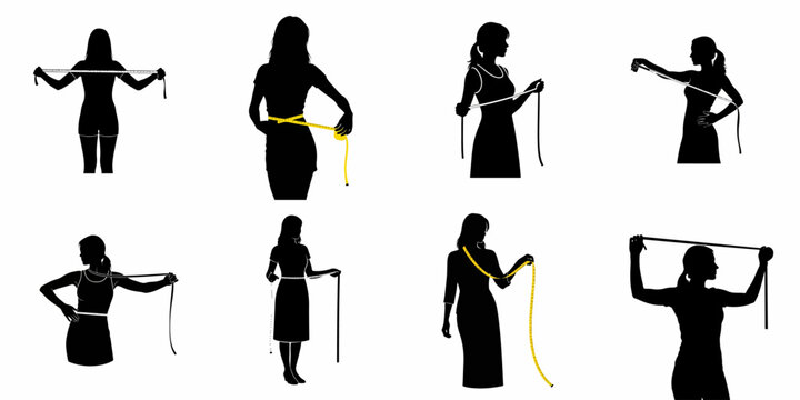 Set of eight female silhouettes measuring different body parts with tape measures, illustrating fitness progress, tailoring, and body awareness.