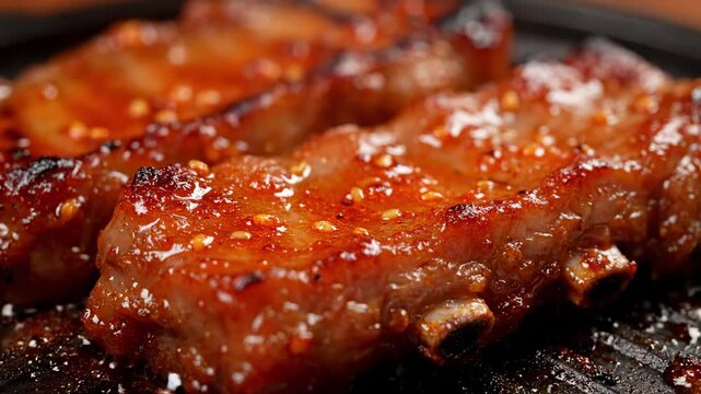 Extreme Close-Up of Glazed BBQ Pork Ribs Sizzling on Hot Grill Pan, Covered in Shiny Sauce and Sesame Seeds, Focusing on Appetizing Texture and Detail