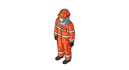 Isometric illustration of a firefighter in full protective gear standing upright. © Re