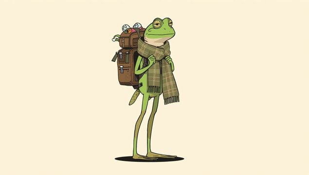 A traveler frog, vector illustration. Humanized backpacker frog ready for adventures.