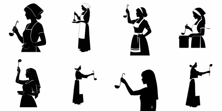 A collection of eight vintage-style black silhouettes featuring women cooks, maids, and housewives holding ladles, preparing and serving food, ideal for traditional kitchen logos.