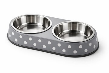 Double stainless steel dog bowl with polka dot base, pet feeding station