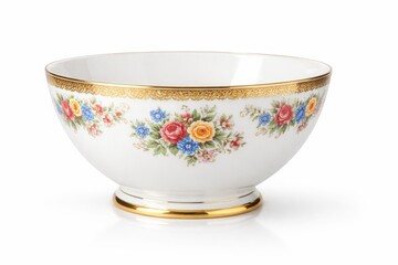 Elegant white bowl with floral gold trim, vintage style kitchenware