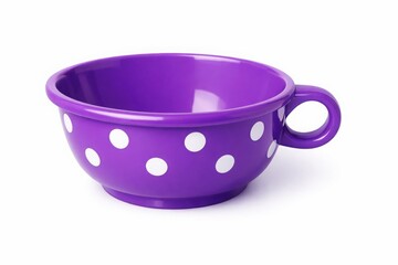 Large purple mug with white polka dots and round handle on white background