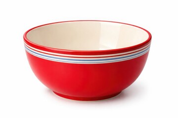 Red ceramic bowl with blue and white stripes around rim, white interior