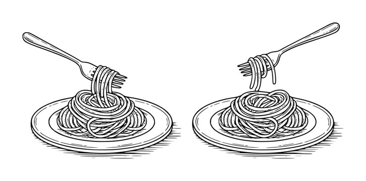 Plates of spaghetti twirled forks in a hand drawn black and white pasta food
