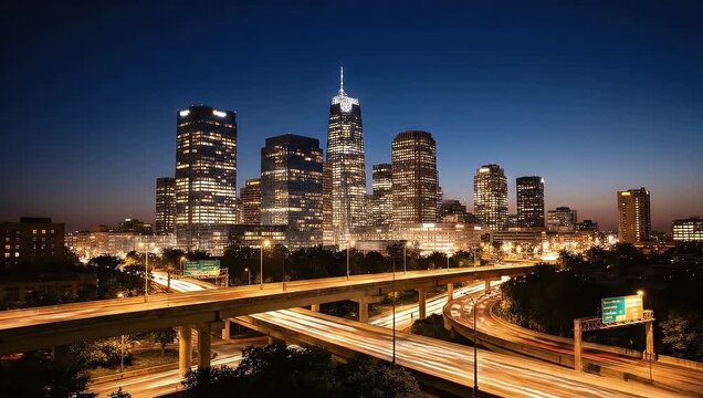 Skyscraper buildings shine brightly showing urban development over multilane freeway infrastructure at night