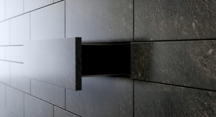 Obraz premium Modern dark stone wall with a hidden drawer or opening, minimalist design