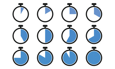 Clock icons showing different times in a grid layout, vector illustration