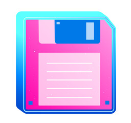 Retro Floppy Disk Data Storage Device Illustration Graphic Design. An illustration of a pink and blue floppy disk, representing obsolete computer data storage, with retro style and bright colors.
