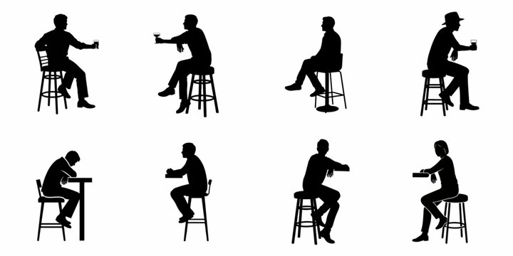 Vector silhouettes set of people sitting on bar stools and high chairs, drinking and relaxing in a bar or pub setting, isolated on white background.