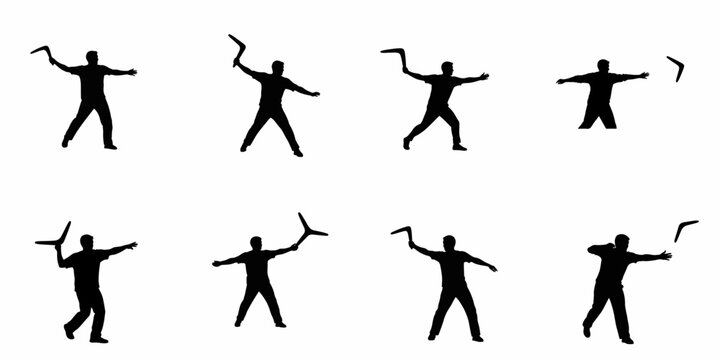 Dynamic sequence of male silhouette throwing and catching a traditional boomerang, isolated on a white background.