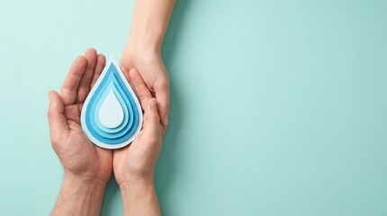 water conservation, environmental protection, sustainability, save water, ecology, world water day, hands holding a layered paper cut water drop symbol for ecological awareness.