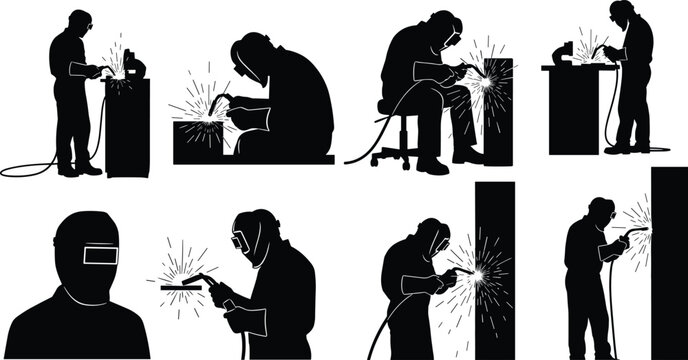 PrintWelder worker silhouette set with industrial welding sparks isolated on a white background