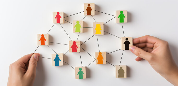 Organizational network structure with connected people icons on wooden blocks, showing team collaboration, stakeholder mapping, social graph, and business communication on a light background