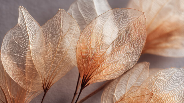 A close-up view of delicate transparent leaves with intricate veins on a soft gray background in warm natural light