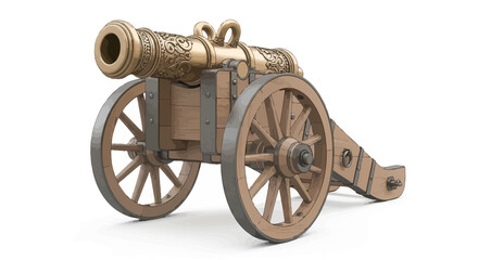 Fototapeta premium Vintage iron military cannon with wooden wheels isolated on a white background as an ancient historical artillery weapon of warfare history