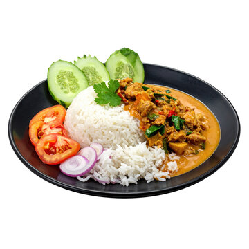 Close up of nasi dagang, showcasing the texture of the coconut rice and the rich, spicy tuna curry sauce, isolated on white background