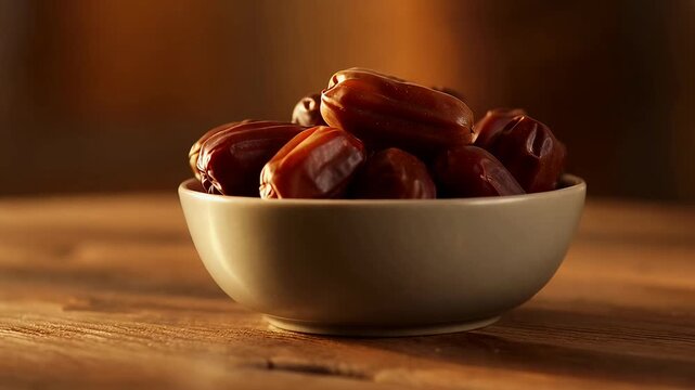 dates in bowl on wooden table under warm lighting, macro closeup