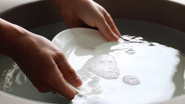 Hands washing a white plate in soapy water, creating gentle ripples and suds, close-up, symbolizing cleanliness, domestic chores