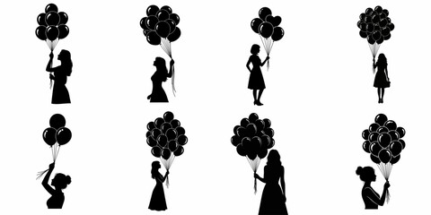 A collection of black vector silhouettes featuring women holding bunches of festive balloons, isolated illustrations symbolizing celebration, femininity, and joy.
