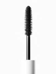 Black mascara brush with bristles displayed upright against a clean white background, showcasing its design and texture for cosmetic product photography