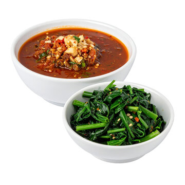 Fresh plecing kangkung with chili and shrimp paste dressing, beautifully presented and perfectly isolated on white background