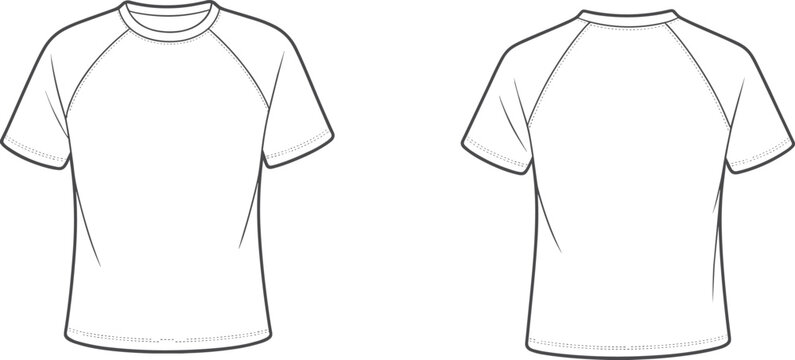 Men raglan sleeve t shirt technical drawing, front and back view apparel template, casual clothing garment outline vector illustration for fashion design