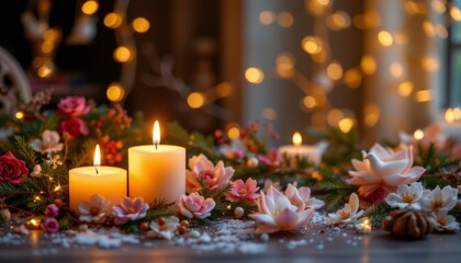 Festive Holiday Table Decoration with Candles and Flowers
