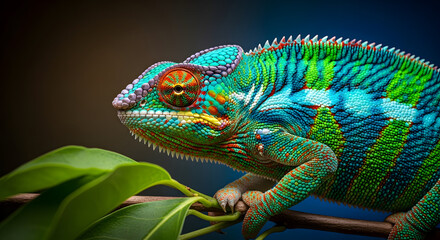 Obraz premium Vibrant chameleon perched on a leafy branch in dark background
