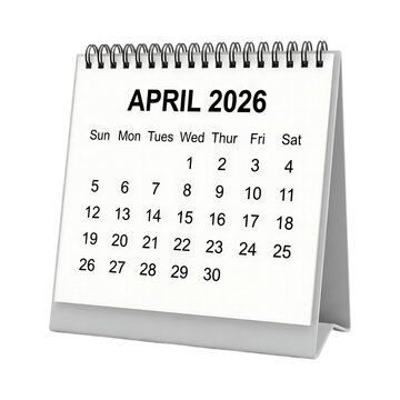 April 2026 desk calendar page showing days and dates arranged in a grid with spiral binding on stand, isolated on transparent background