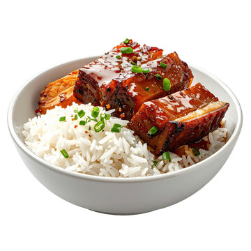 A professionally styled tocilog with perfectly cooked tocino, fluffy rice, and a runny egg, isolated on a pristine white background