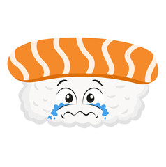 Cute Cartoon Salmon Nigiri Sushi Character with Crying Face Illustration Isolated on White Background © HakujiHaruka