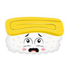 Cute Cartoon Tamago Sushi Character with Worried Face Illustration Isolated on White Background © HakujiHaruka