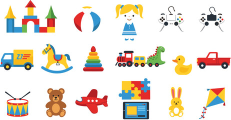 Kids Toys Icon Vector Set with Castle, Train, Teddy Bear, Airplane, Puzzle, Kite, and Educational Play Elements for Children Designs