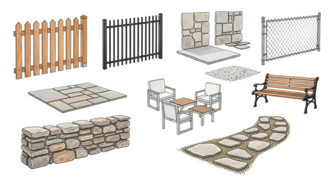 watercolor illustration of diverse architectural hardscape elements, including fences, patios, and outdoor furniture, isolated on white space. Concept of landscape design assets