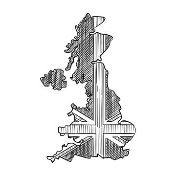 united kingdom map with flag vector line art hand drawn illustration