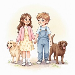 Boy and girl with their dogs